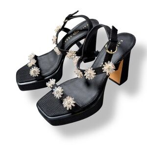 Katy Perry Collections‎ black boho Floral Details square toe platform 10